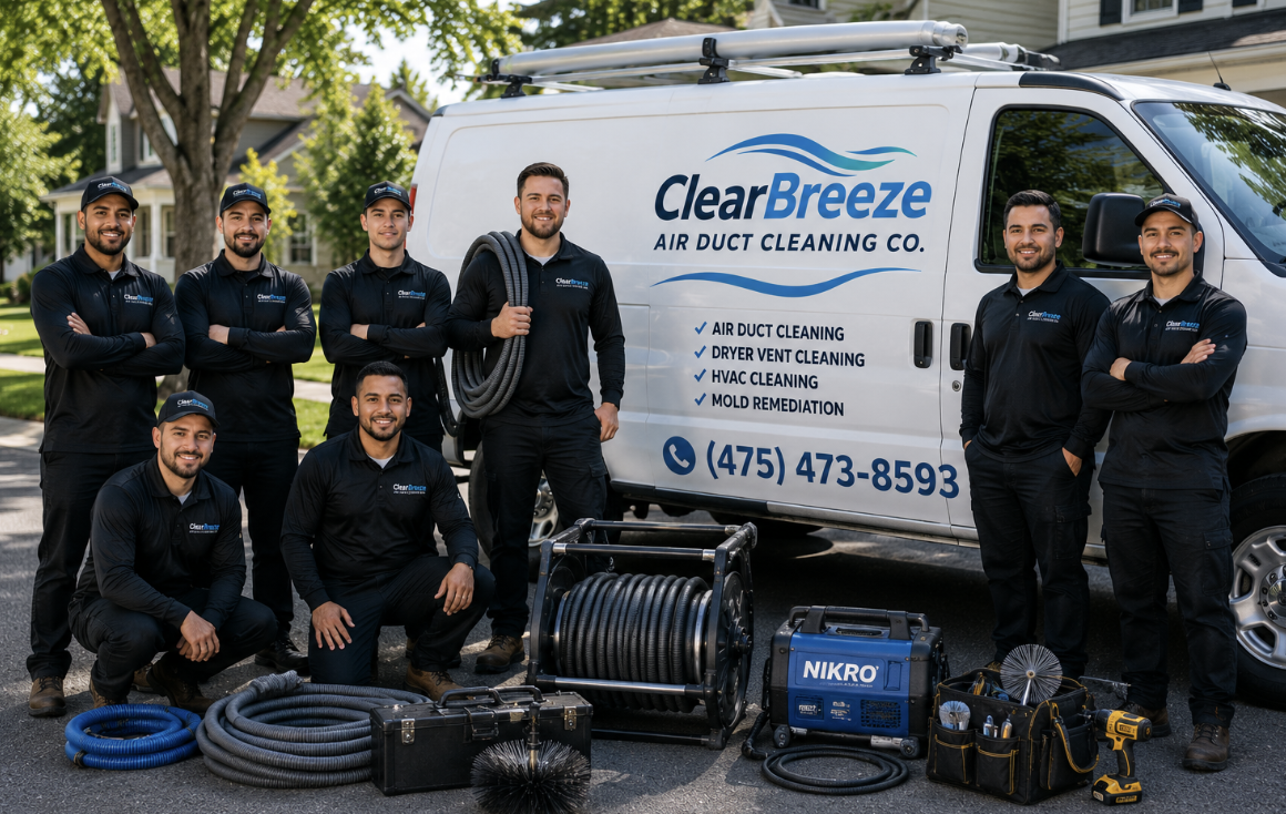 The full ClearBreeze Air Duct Cleaning Co. team with their service van and equipment in Meriden, CT